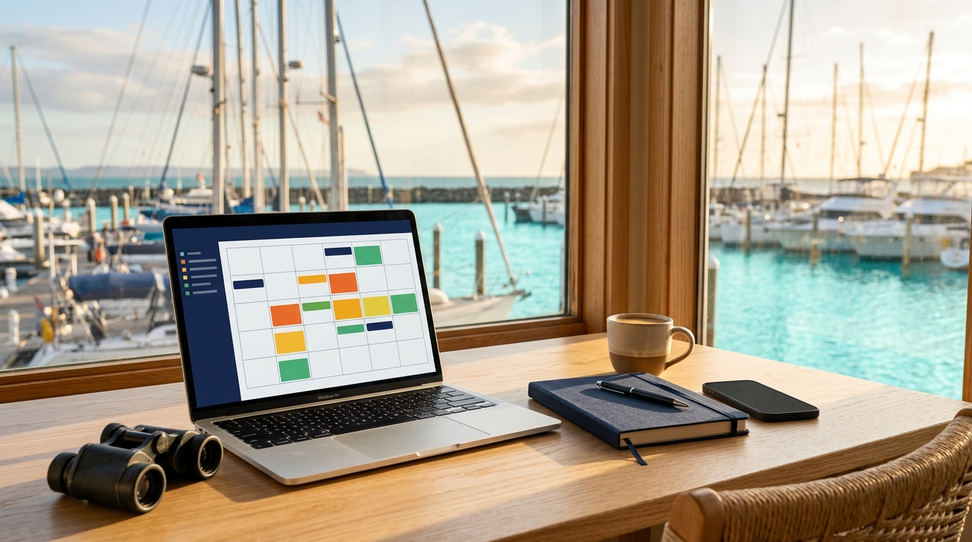 Bureau lumineux face à un port de plaisance : ordinateur portable affichant un calendrier de réservations coloré, carnet, téléphone et jumelles — marketing location bateau en direct