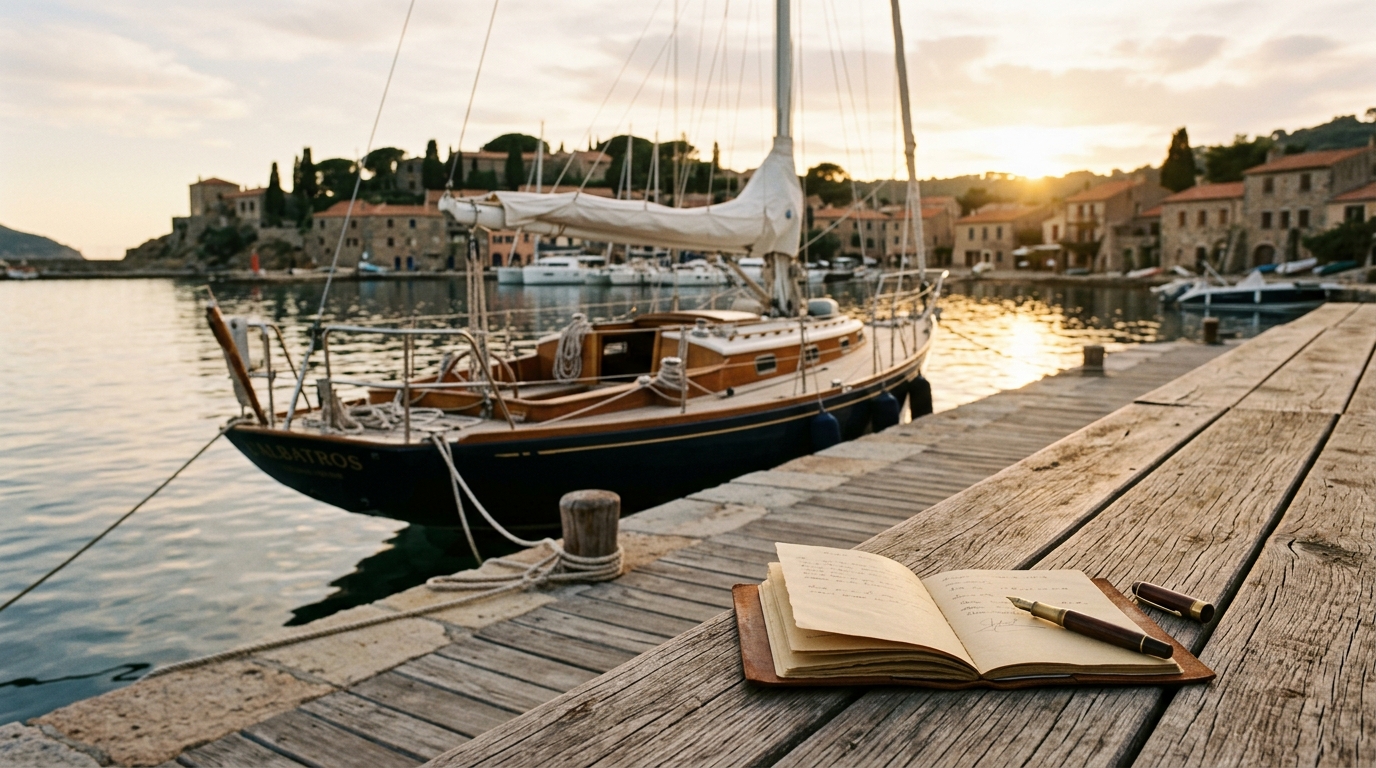 Voilier amarré dans un port méditerranéen au coucher du soleil, avec un carnet ouvert au premier plan symbolisant la signature d'un contrat de location.