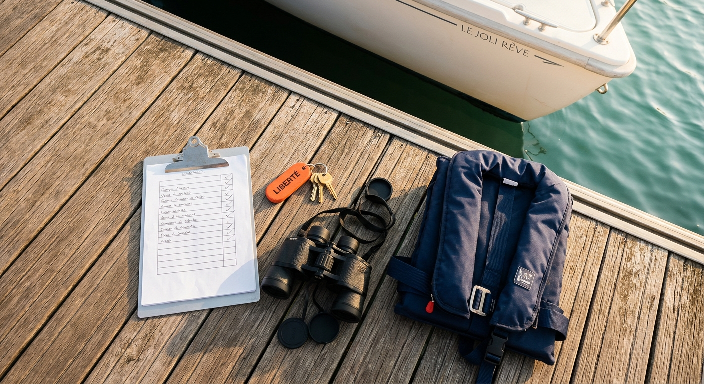 Ponton en bois au lever du soleil avec checklist sur clipboard, clés de bateau à flotteur orange, jumelles et gilet de sauvetage — checklist départ location bateau