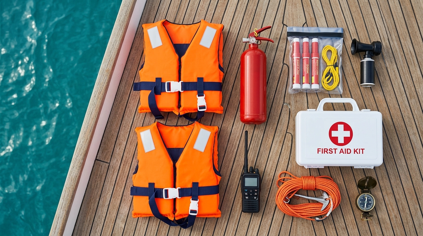 Matériel de sécurité nautique disposé sur le pont en teck d'un bateau : gilets de sauvetage orange, extincteur, fusées de détresse, corne de brume et VHF — Division 240