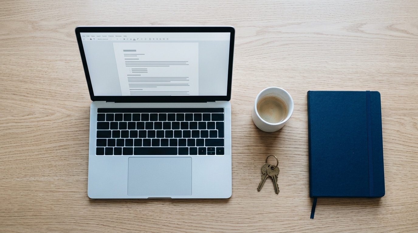 Bureau minimaliste en bois clair photographié en vue de dessus, avec un ordinateur portable ouvert affichant un document, une tasse de café blanche et un carnet bleu marine, dans la lumière douce du matin — symbole de la signature électronique d'un contrat depuis chez soi.