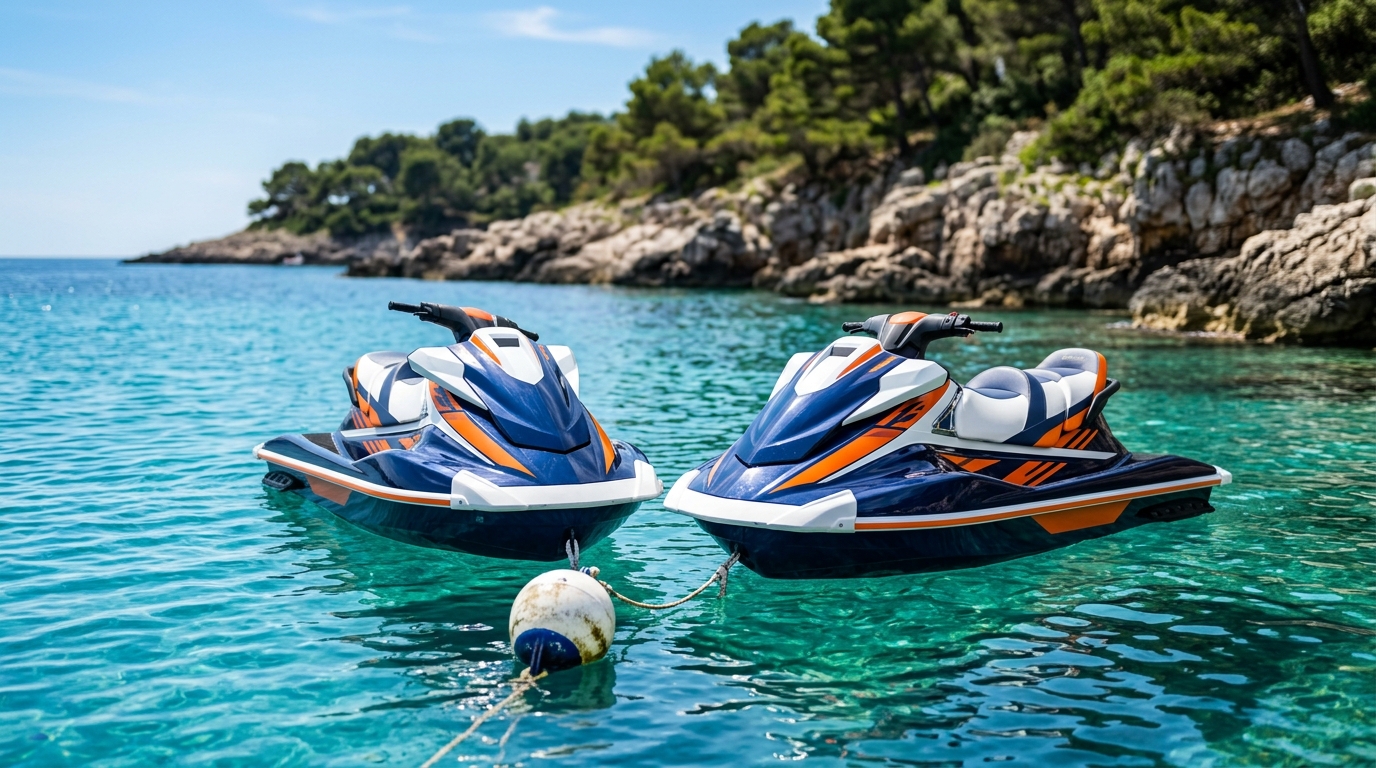 Deux jet-skis flambant neufs amarrés à une bouée sur une eau turquoise transparente, littoral méditerranéen en arrière-plan — location de jet-ski VNM