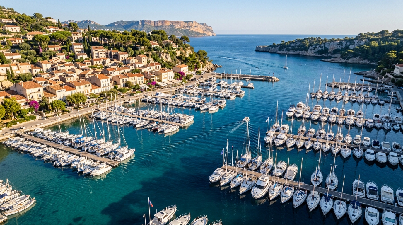 Vue aérienne d'un port de plaisance méditerranéen aux eaux turquoise, pontons réguliers avec voiliers et vedettes blanches, village côtier — meilleures zones location bateau France