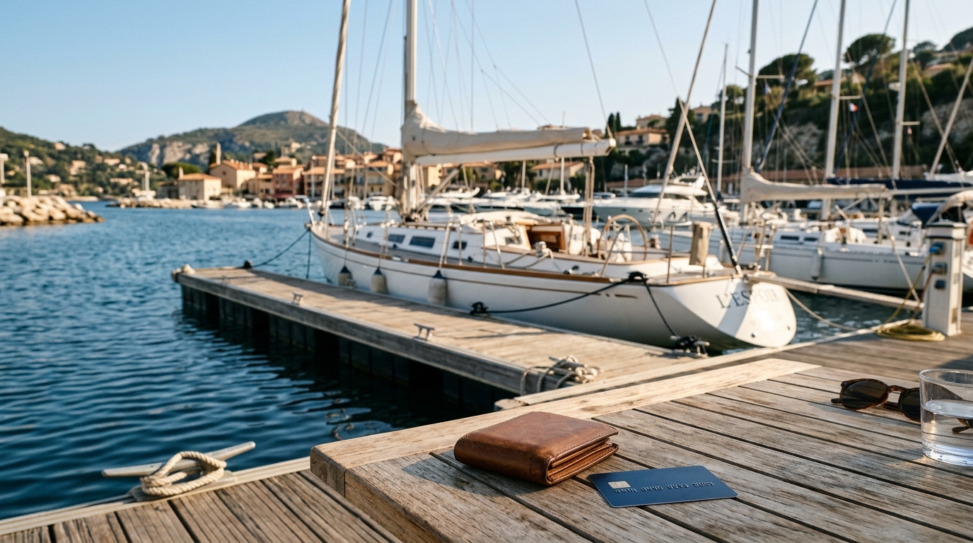Voilier amarré dans une marina méditerranéenne avec un portefeuille et une carte bancaire posés sur une table en bois en premier plan, symbolisant la prise de caution pour la location du bateau.