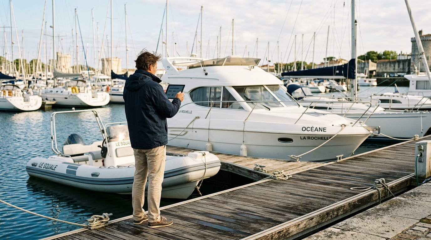 Propriétaire sur le ponton d'une marina de la côte atlantique française, tablette à la main, devant ses deux bateaux à moteur de location (un semi-rigide et un cabin-cruiser de 11 m).