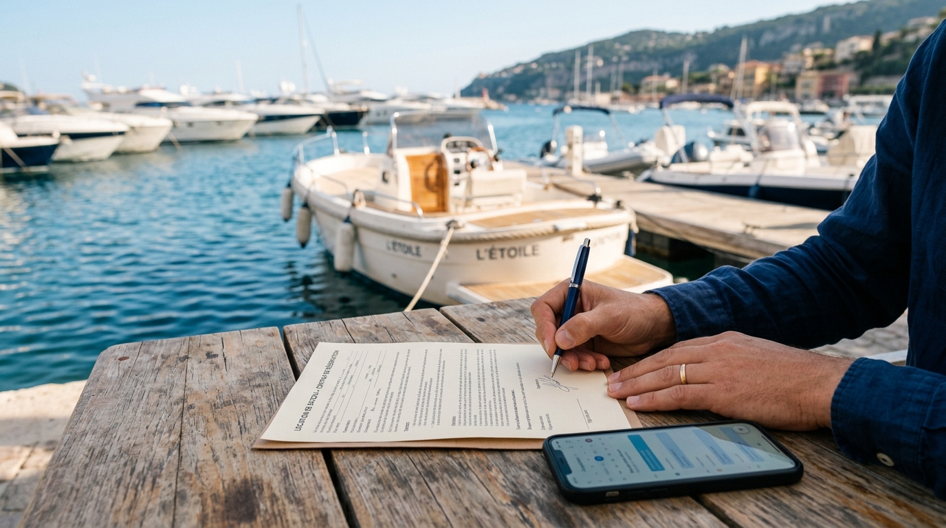 Mains signant un document de réservation de location de bateau sur une table en bois d'une marina, avec un bateau à moteur amarré en arrière-plan.