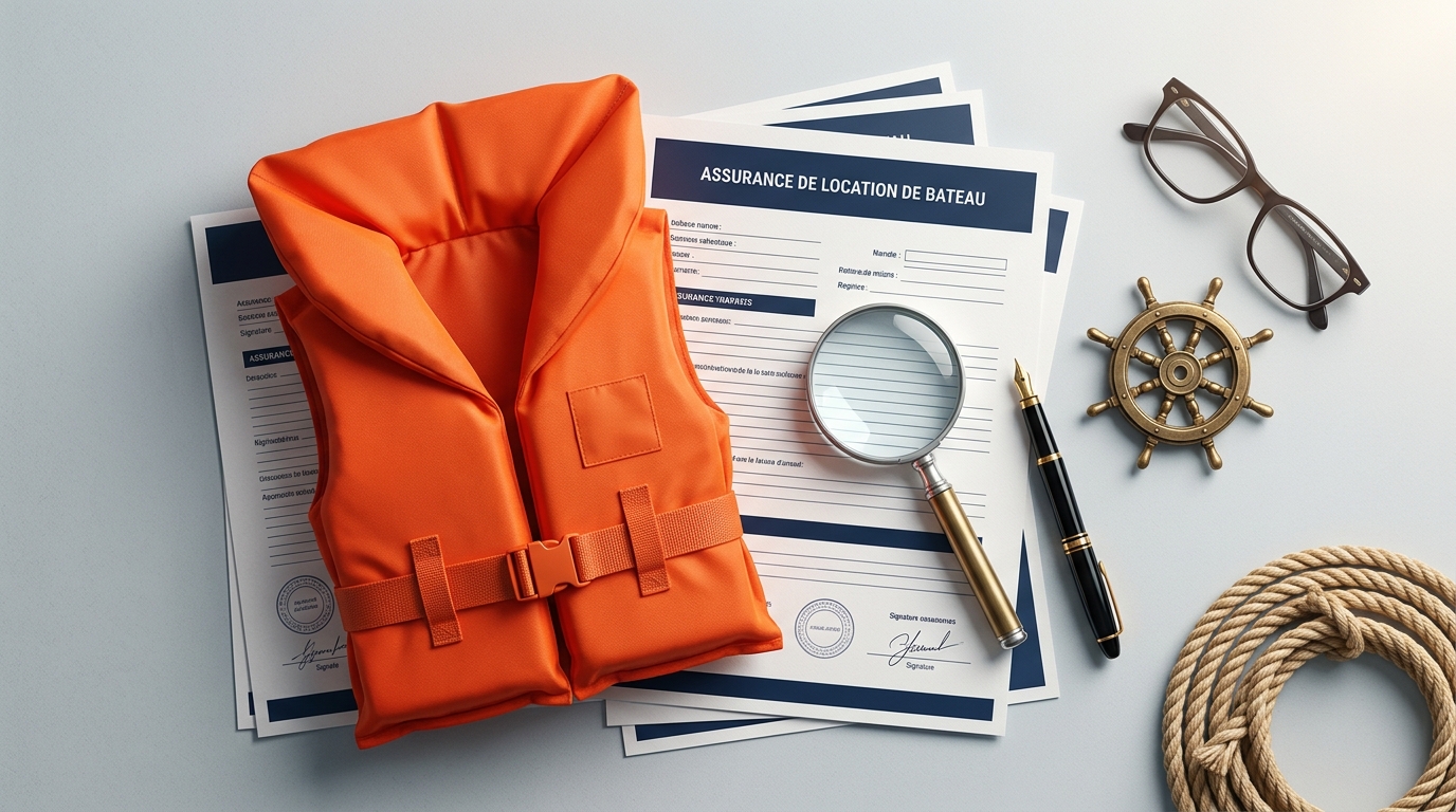 Gilet de sauvetage orange posé sur des documents d'assurance avec loupe et barre de bateau — assurance location de bateau entre particuliers