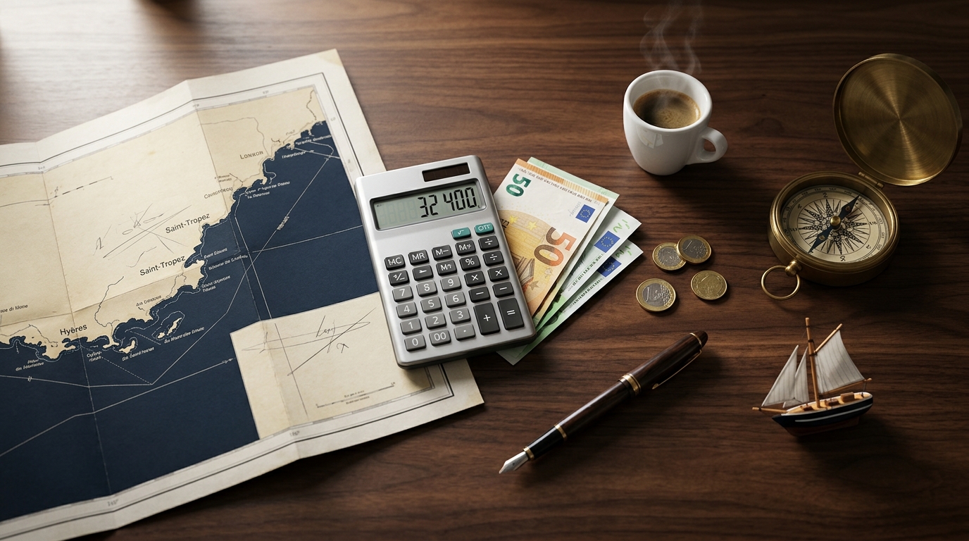 Bureau d'éditeur business : calculatrice, carte marine de la côte d'Azur, billets en euros et maquette de voilier — analyser la rentabilité d'une location de bateau